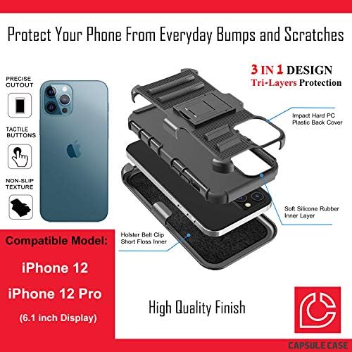 מארז Ohiya תואם ל- iPhone 12 Pro [הגנה על כיתה צבאית חסרת זעזועים כבד עמדות קיקסטנד נרתיק מגן על כיסוי מארז שחור]